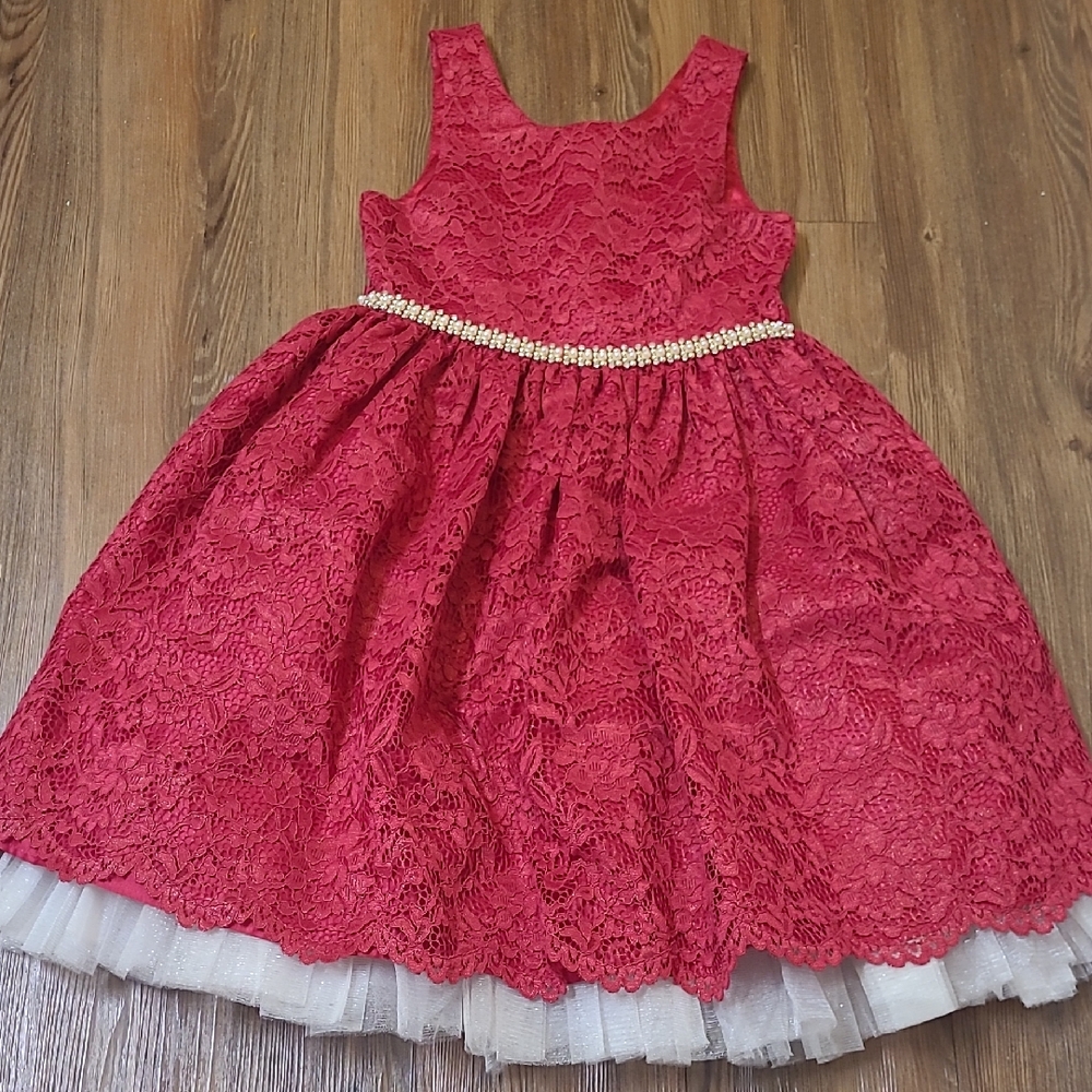 American Princess Red‎ Lace Dress with Pearl Accent for girl,s zise 12